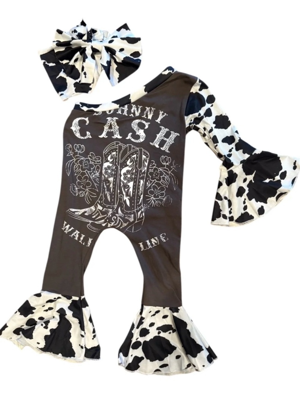 Cow Print Johnny Cash Baby One-Piece Bodysuit with Headband